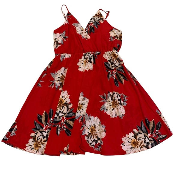 💜 SHEIN Curve 1XL Red Floral Mini Dress Wrap V-Neck Adjustable Straps Plus Size - Picture 1 of 5